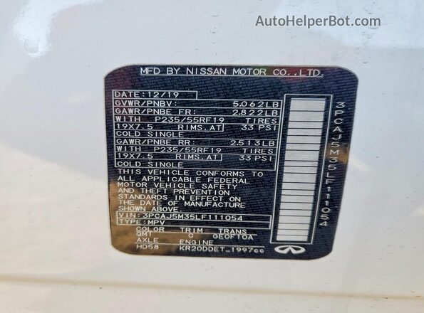 3PCAJ5M35LF111054 2020 INFINITI QX50 White Widok naklejki z numerem VIN