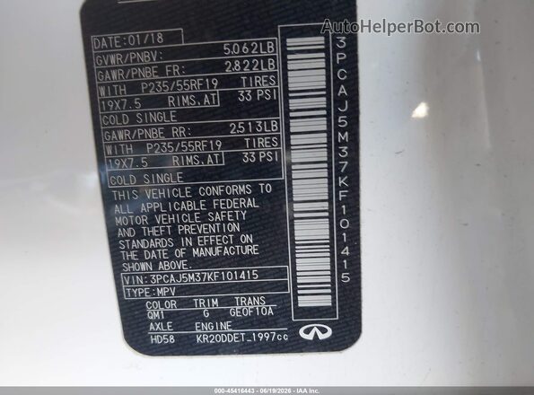 3PCAJ5M37KF101415 2019 INFINITI QX50 White Вид підкапотного простору