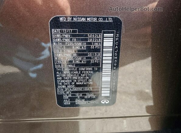 3PCAJ5M39KF100475 2019 INFINITI QX50 Brown Вид наклейки з VIN-кодом