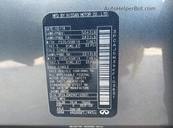3PCAJ5M39KF103831 2019 INFINITI QX50 Gray Շարժիչի բաժամունքի տեսք