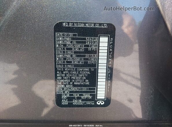 3PCAJ5M39LF113311 2020 INFINITI QX50 Gray Engine compartment view