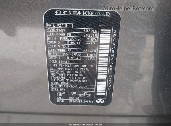 3PCAJ5M3XKF102722 2019 INFINITI QX50 Серый Вид подкапотного пространства