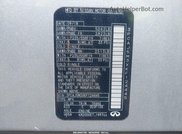 3PCAJ5M3XKF124445 2019 INFINITI QX50 Silver Engine compartment view
