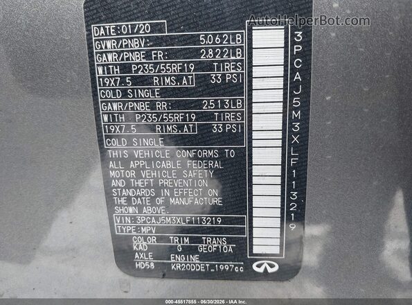3PCAJ5M3XLF113219 2020 INFINITI QX50 Серый Вид подкапотного пространства
