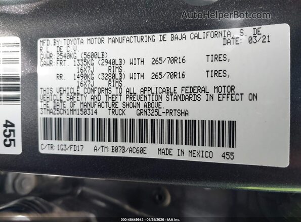 3TMAZ5CN1MM150314 2021 TOYOTA TACOMA Gray ძრავის განყოფილების ხედი