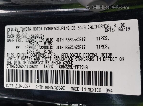 3TMAZ5CN2KM112622 2019 TOYOTA TACOMA Black Widok komory silnika