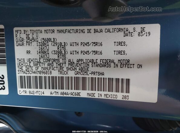 3TMAZ5CN4KM096018 2019 TOYOTA TACOMA Синий Вид подкапотного пространства