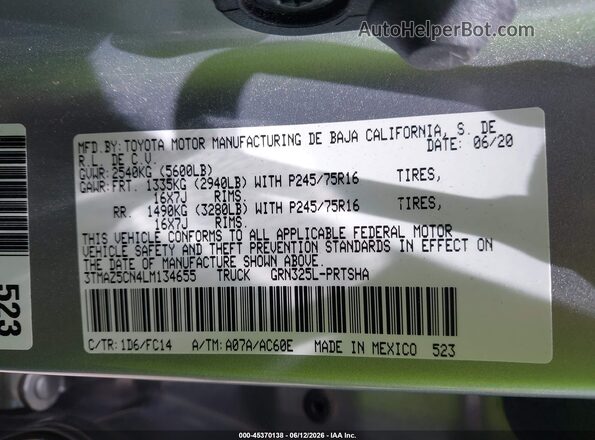 3TMAZ5CN4LM134655 2020 TOYOTA TACOMA Gray Widok komory silnika