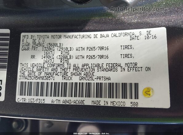 3TMAZ5CN5HM030571 2017 TOYOTA TACOMA Серый Вид подкапотного пространства