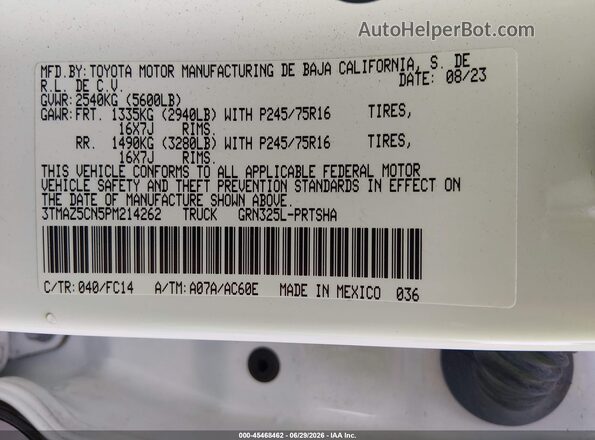 3TMAZ5CN5PM214262 2023 TOYOTA TACOMA White Vista del compartimento del motor