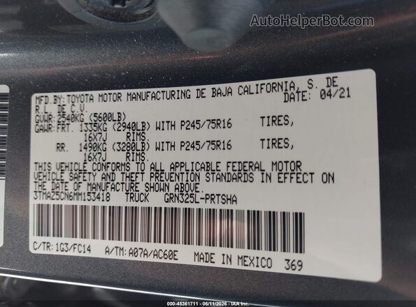 3TMAZ5CN6MM153418 2021 TOYOTA TACOMA Серый Вид подкапотного пространства