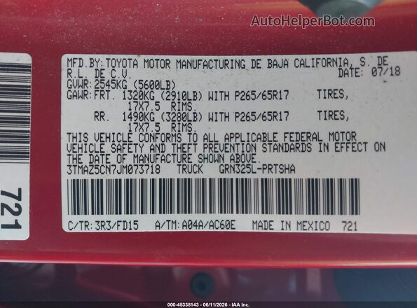 3TMAZ5CN7JM073718 2018 TOYOTA TACOMA Красный Вид подкапотного пространства