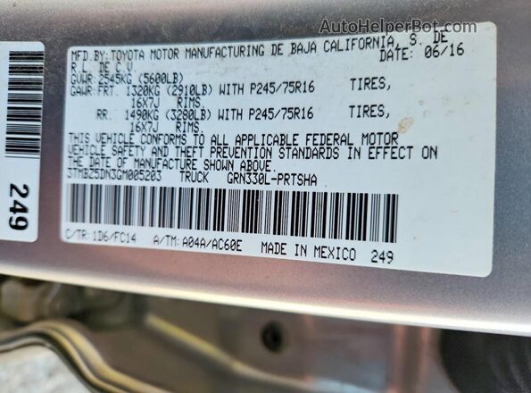 3TMBZ5DN3GM005203 2016 TOYOTA TACOMA Silver Widok komory silnika