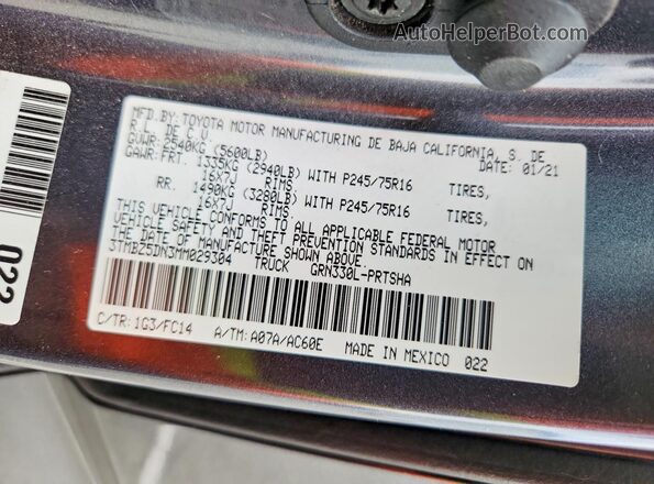 3TMBZ5DN3MM029304 2021 TOYOTA TACOMA Charcoal Вид наклейки з VIN-кодом