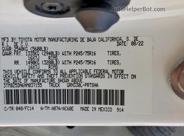 3TMBZ5DN6NM037155 2022 TOYOTA TACOMA White VIN կոդի պիտակի տեսք