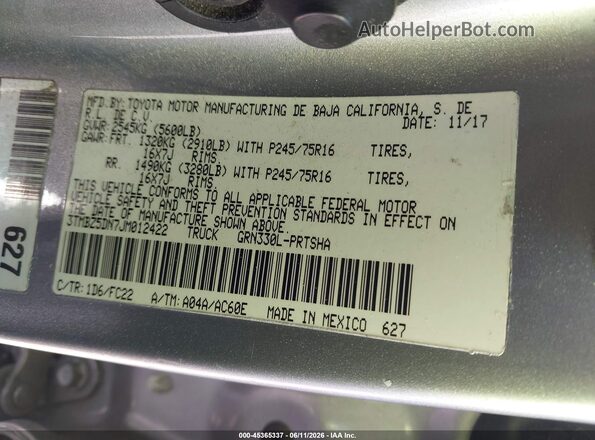 3TMBZ5DN7JM012422 2018 TOYOTA TACOMA Silver Vista del compartimento del motor
