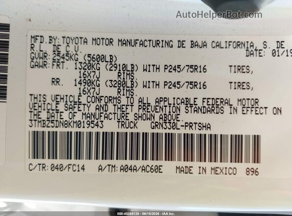3TMBZ5DN8KM019543 2019 TOYOTA TACOMA White Вид підкапотного простору