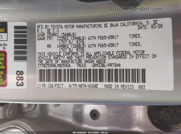 3TMBZ5DN8LM025926 2020 TOYOTA TACOMA Серебряный Вид подкапотного пространства