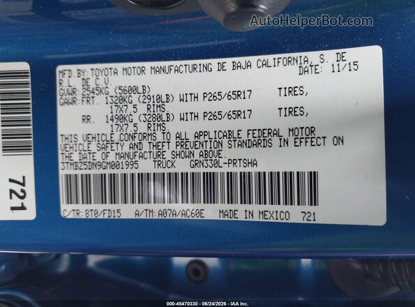3TMBZ5DN9GM001995 2016 TOYOTA TACOMA Blue Vista del compartimento del motor