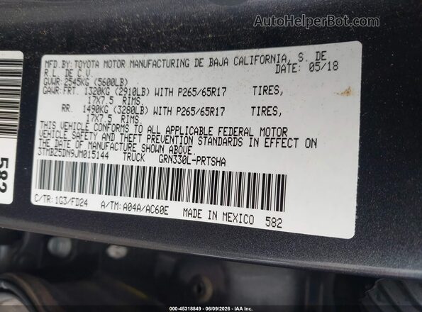 3TMBZ5DN9JM015144 2018 TOYOTA TACOMA Серый Вид подкапотного пространства