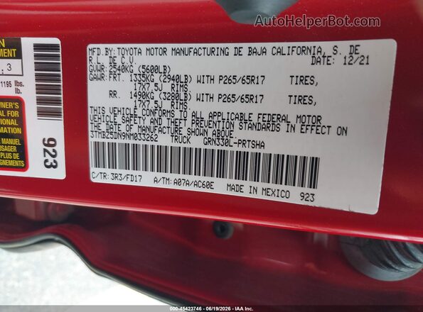 3TMBZ5DN9NM033262 2022 TOYOTA TACOMA Red Շարժիչի բաժամունքի տեսք