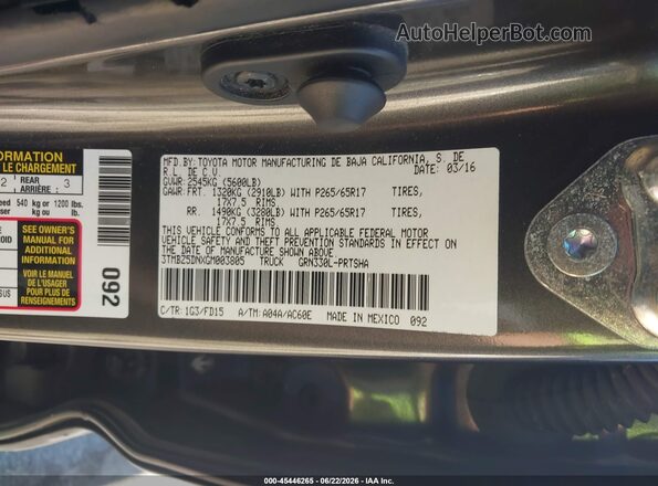 3TMBZ5DNXGM003805 2016 TOYOTA TACOMA Black Вид підкапотного простору