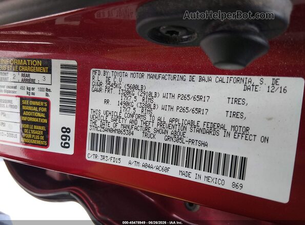 3TMCZ5AN0HM065384 2017 TOYOTA TACOMA Red Vista del compartimento del motor
