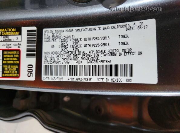 3TMCZ5AN0HM107780 2017 TOYOTA TACOMA Gray Widok naklejki z numerem VIN