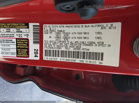 3TMCZ5AN0JM138565 2018 TOYOTA TACOMA Красный Вид подкапотного пространства