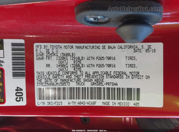 3TMCZ5AN0JM158573 2018 TOYOTA TACOMA Red Engine compartment view