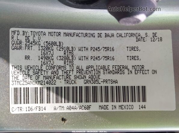 3TMCZ5AN1KM214022 2019 TOYOTA TACOMA Silver Engine compartment view