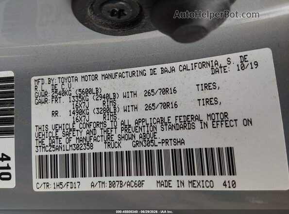 3TMCZ5AN1LM302358 2020 TOYOTA TACOMA Серый Вид подкапотного пространства