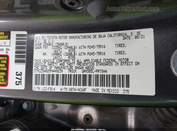 3TMCZ5AN2MM449239 2021 TOYOTA TACOMA Gray Vista del compartimento del motor