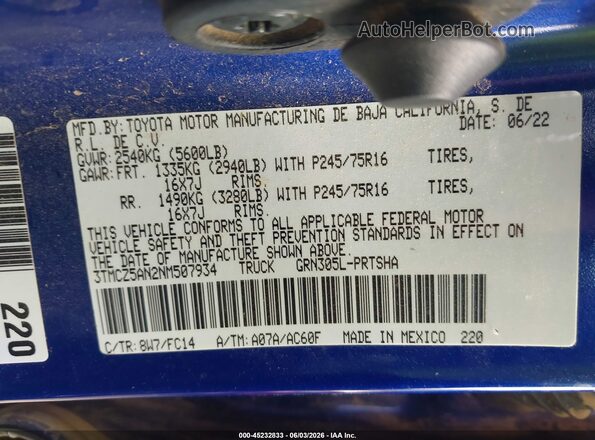 3TMCZ5AN2NM507934 2022 TOYOTA TACOMA Blue Vista del compartimento del motor