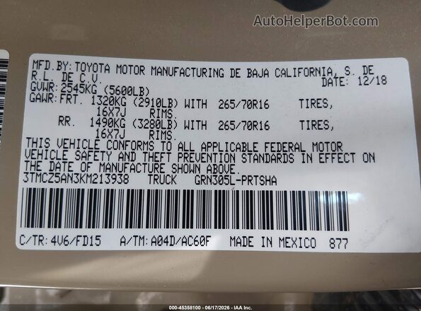 3TMCZ5AN3KM213938 2019 TOYOTA TACOMA Brown Widok komory silnika