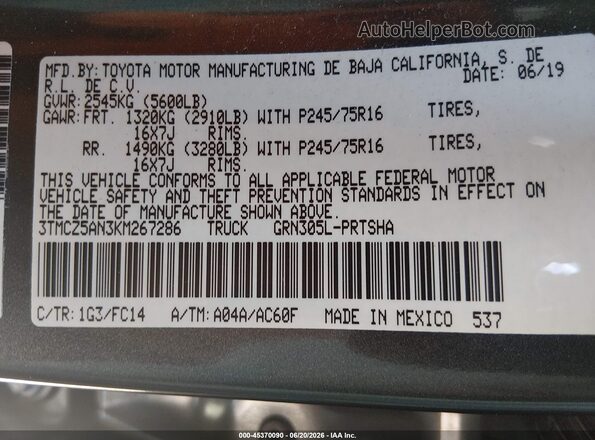 3TMCZ5AN3KM267286 2019 TOYOTA TACOMA Gray Widok komory silnika