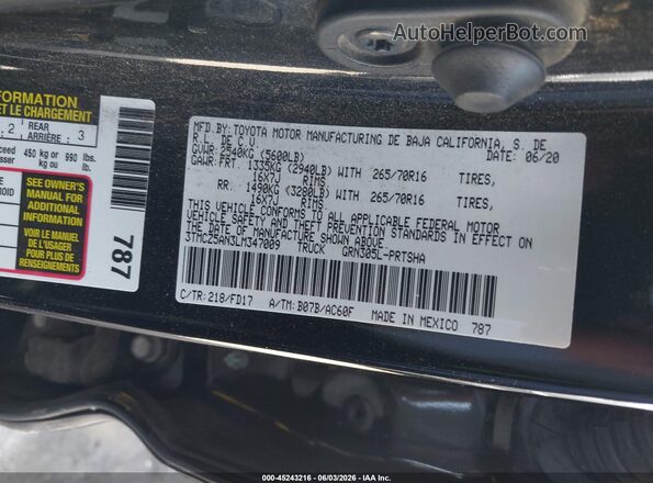 3TMCZ5AN3LM347009 2020 TOYOTA TACOMA Black Вид підкапотного простору