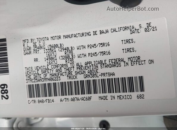 3TMCZ5AN3MM406223 2021 TOYOTA TACOMA White 