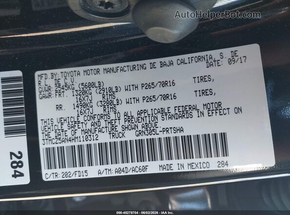 3TMCZ5AN4HM110312 2017 TOYOTA TACOMA Black Շարժիչի բաժամունքի տեսք