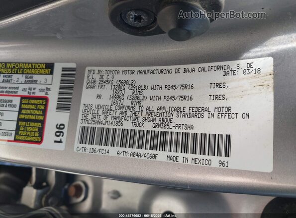 3TMCZ5AN4JM141856 2018 TOYOTA TACOMA Silver Engine compartment view