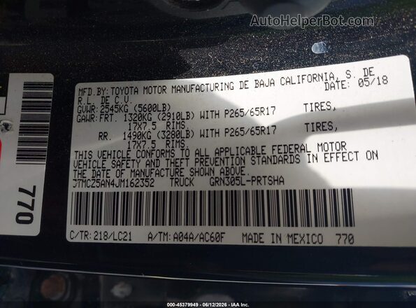 3TMCZ5AN4JM162352 2018 TOYOTA TACOMA Black Շարժիչի բաժամունքի տեսք