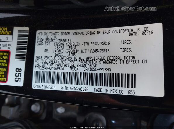 3TMCZ5AN4JM169656 2018 TOYOTA TACOMA Black ძრავის განყოფილების ხედი