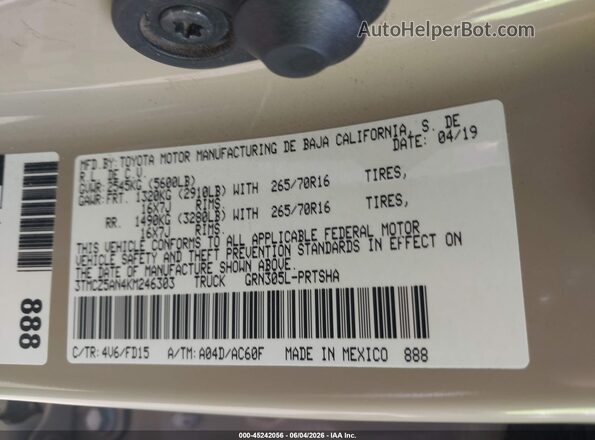 3TMCZ5AN4KM246303 2019 TOYOTA TACOMA Beige Widok komory silnika