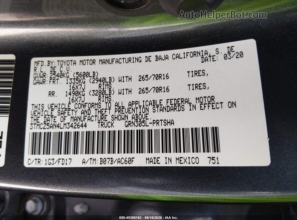 3TMCZ5AN4LM342644 2020 TOYOTA TACOMA Серый Вид подкапотного пространства