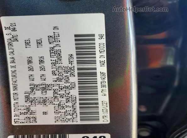 3TMCZ5AN4MM420227 2021 TOYOTA TACOMA Gray Շարժիչի բաժամունքի տեսք