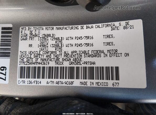 3TMCZ5AN4MM443619 2021 TOYOTA TACOMA Silver Вид підкапотного простору