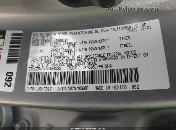 3TMCZ5AN4NM464522 2022 TOYOTA TACOMA Gray Widok komory silnika