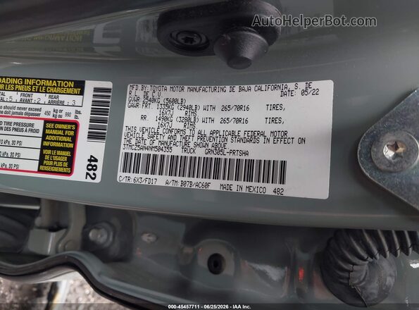 3TMCZ5AN4NM504355 2022 TOYOTA TACOMA Green Вид підкапотного простору