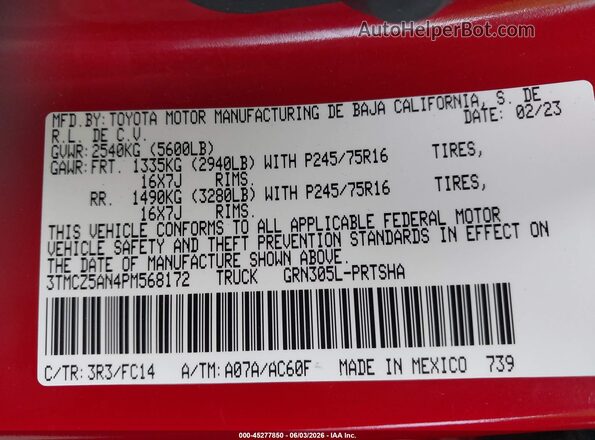 3TMCZ5AN4PM568172 2023 TOYOTA TACOMA Red Շարժիչի բաժամունքի տեսք