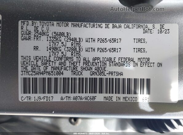 3TMCZ5AN4PM651004 2023 TOYOTA TACOMA Silver Widok komory silnika